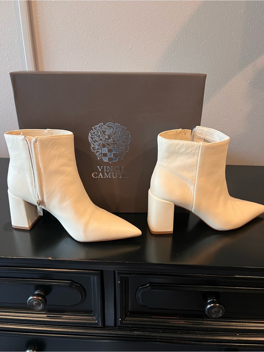 Vince Camuto Cream Pointed-Toe Block Heel Leather Ankle Booties